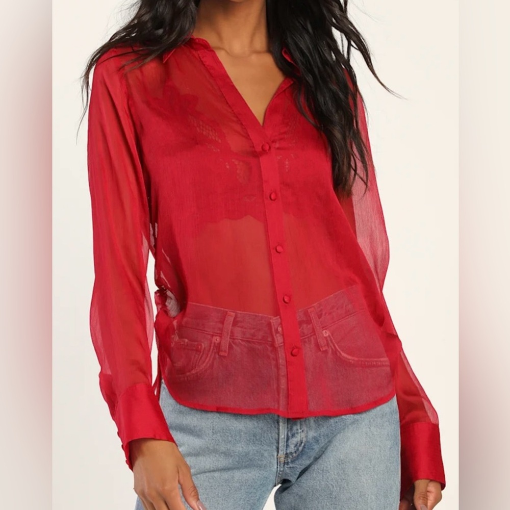 NWT Lulus “Sheer Sophistication Wine Red Sheer Ruched Button-Up Top”